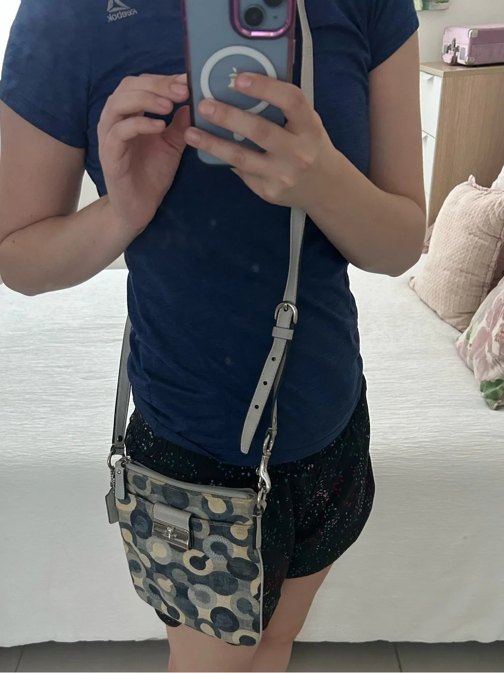 Vintage Coach Navy and Beige Signature Circle Print Crossbody Bag